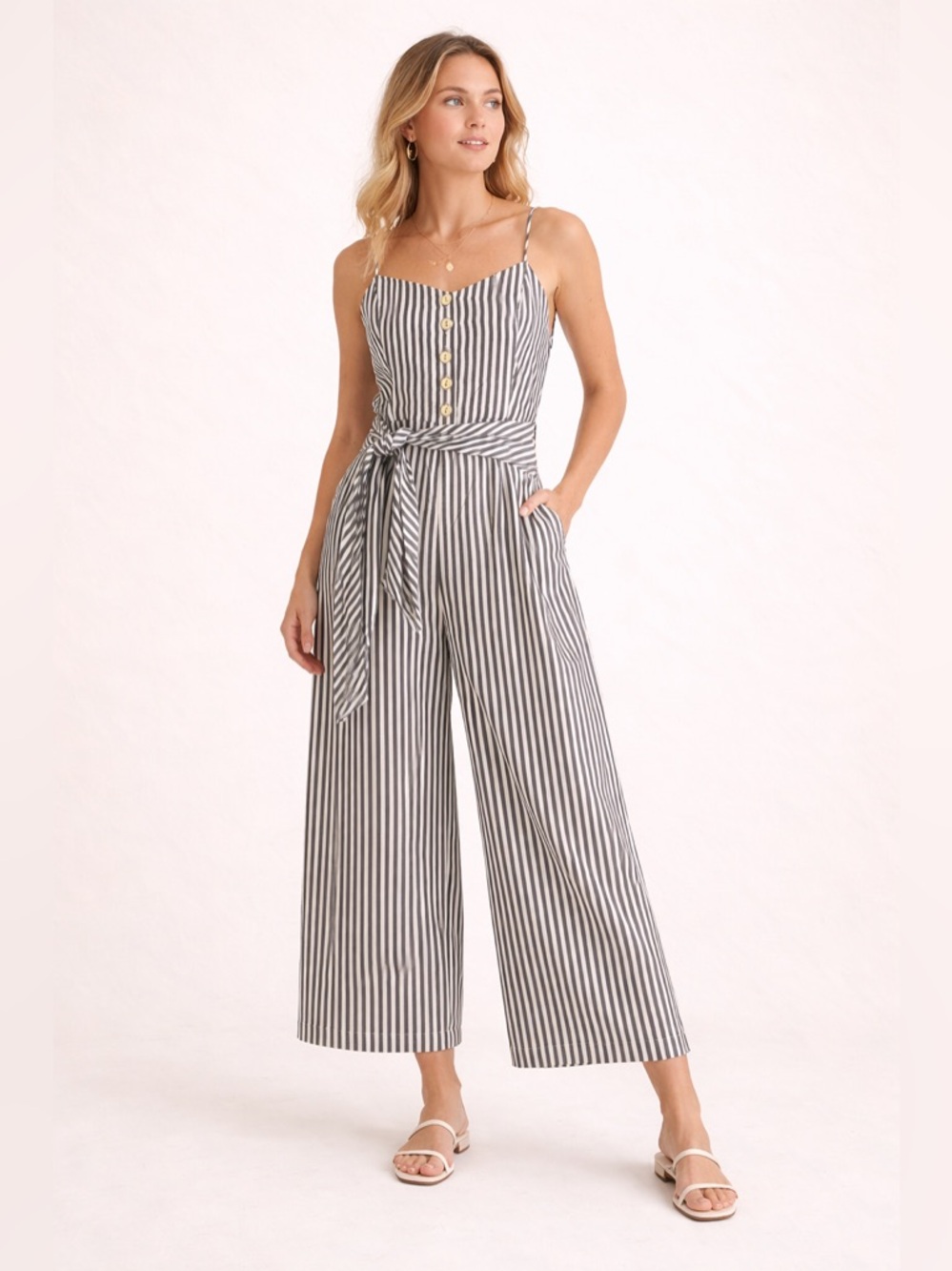 Guess Striped Cropped Jumpsuit Tie Waist Button Front Dark Gray & White Wide Leg